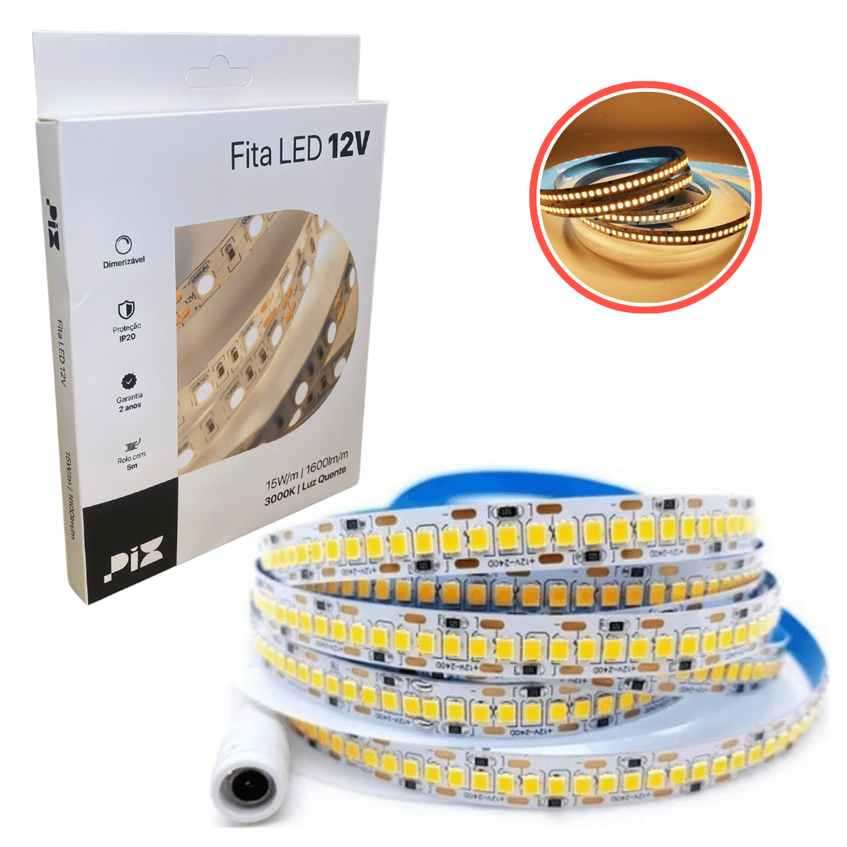 Fita Led 2835 Pix 12v 15w Ip20 180d/m 1600lm 3000k 10mmx5m