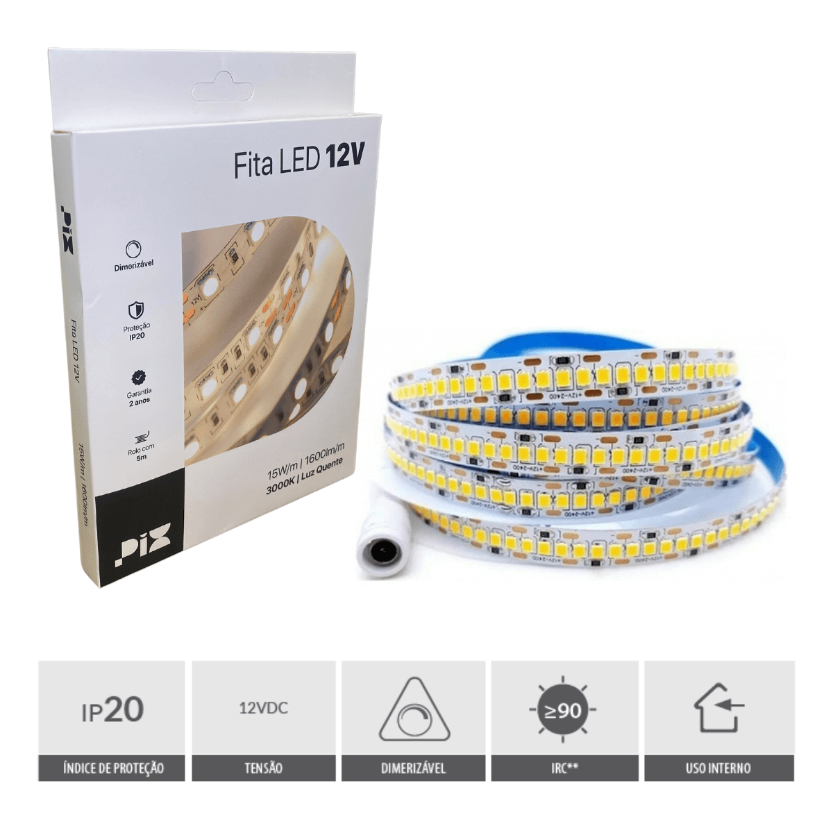 Fita Led 2835 Pix 12v 15w Ip20 180d/m 1600lm 3000k 10mmx5m - 6