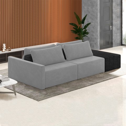 Sofá Ilha Modulado Milos 252cm Puff Lateral Cinza Preto Manchado Veludo/pu G33 - Gran Belo