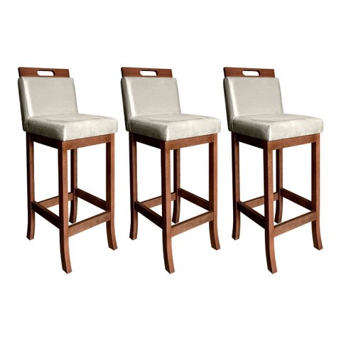 Kit 3 Banquetas Estofadas com Encosto Média Milão 94 cm Madeira Maciça Suede Bege CCS