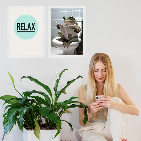 Kit 2 Quadros Banheiro Perereca Relax 24x18cm - com Vidro:moldura Branca
