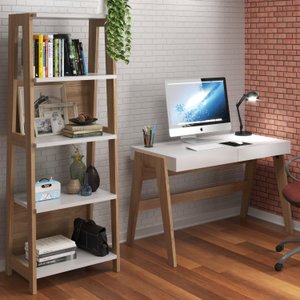 Kit Home Offce 2 Peças Escrivaninha 120cm 2 Gavetas e Estante 5 Prateleiras Trend
