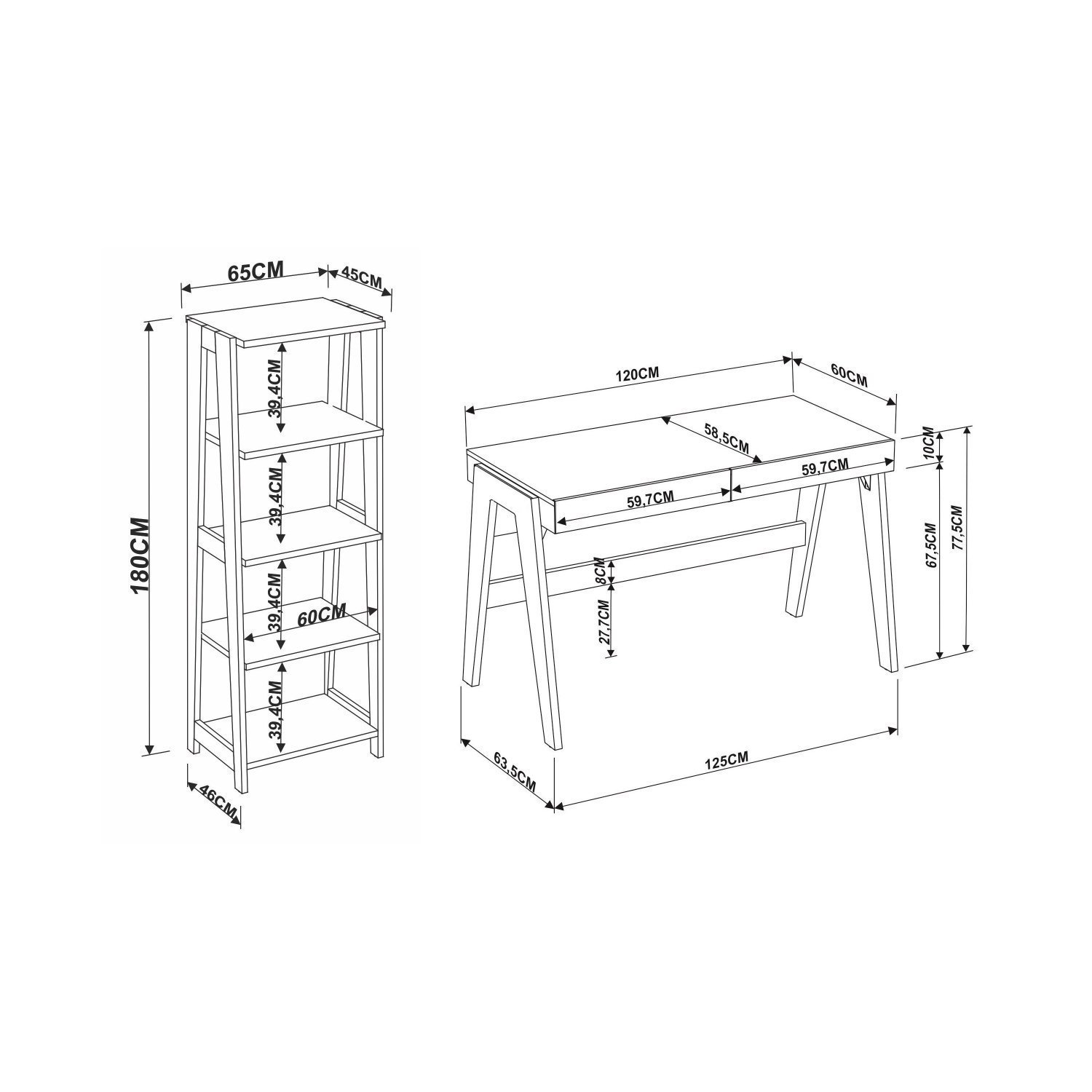 Kit Home Offce 2 Peças Escrivaninha 120cm 2 Gavetas e Estante 5 Prateleiras Trend - 3