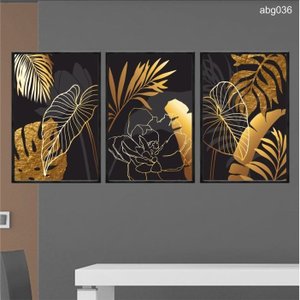 Kit 03 Quadros Decorativos Abstrato Floral Preto e Dourado Abg036 - Vidro Impresso 40x60cm Cada
