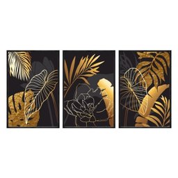 Kit 03 Quadros Decorativos Abstrato Floral Preto e Dourado Abg036 - Vidro Impresso 40x60cm Cada - 2