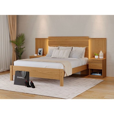 Cama Casal com Cabeceira e 2 Mesas de Cabeceira 100% MDF Granada Marrom/Freijó
