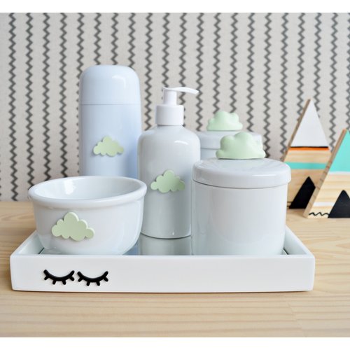 Kit Higiene Porcelana Bebê Maternidade Montessoriano + Bandeja + Térmica  500ml - Verde Safari