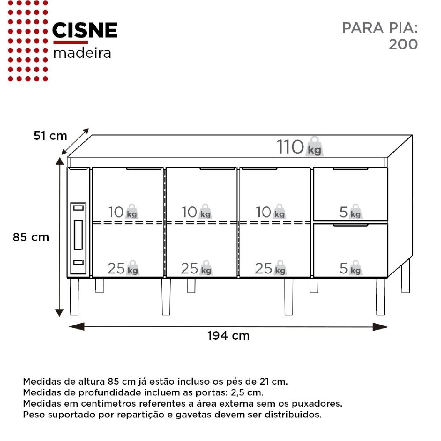 Balcão para Cozinha 3 Portas 3 Gavetas Cisne  - 4