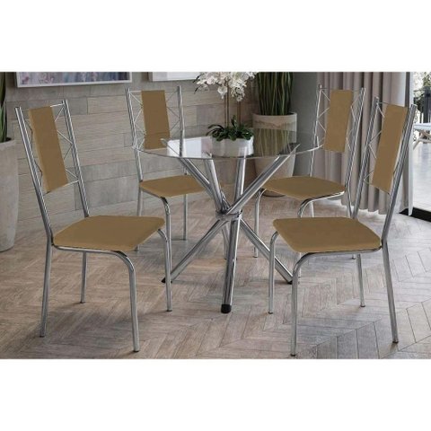 Sala de Jantar Completa Volga C- Tampo de Vidro 95cm e 4 Cadeiras Lisboa Cromada - Courano Capuccino