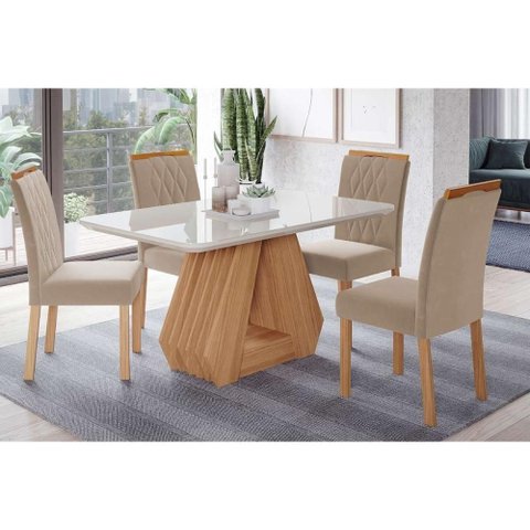Conjunto: Mesa de Cozinha Ágata Tampo Madeirado C/ Vidro 130x80cm e 4 Cadeiras Juliana Madeirado/