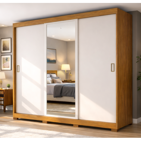 Guarda Roupa Casal 2 Espelhos 3 Portas de Correr 4 Gavetas Versa