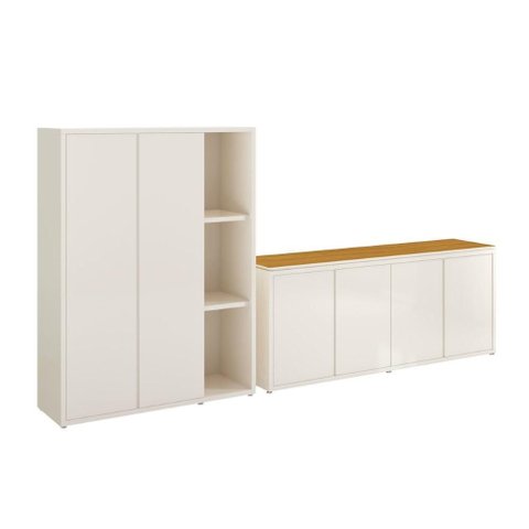 Conjunto de Escritório 2 Peças Armário Livreiro e Balcão Hera - Via Nossa - Off White e Cedro