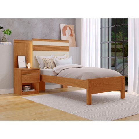 Cama Solteiro com Cabeceira e Mesa de Cabeceira 100% MDF Granada Marrom/Freijó/Off White