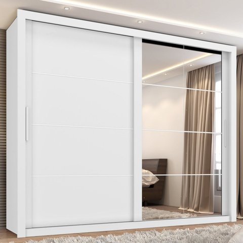 Guarda Roupa Casal Essencial 2 Portas de Correr 6 Gavetas com 8 Espelhos Branco/Absoluto