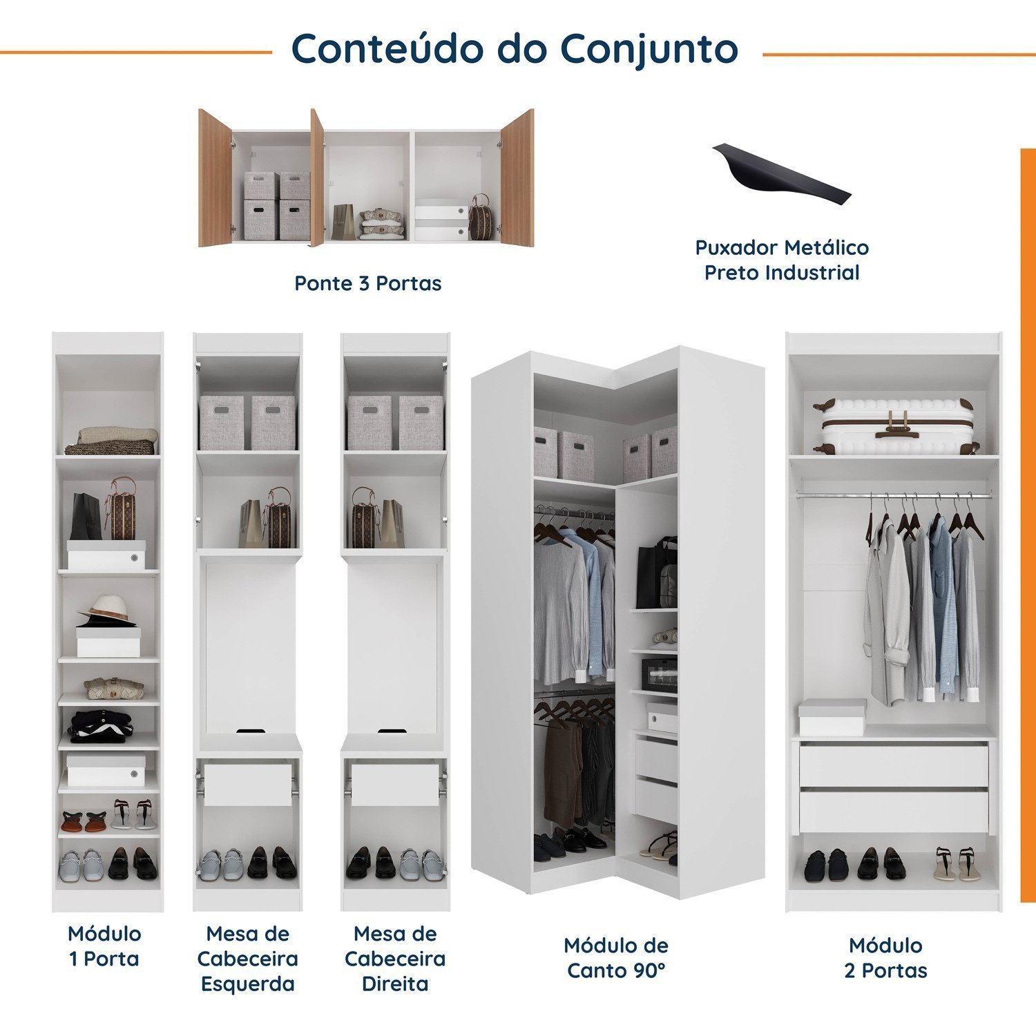 Guarda Roupa Modulado de Casal 12 Portas 6 Peças 2 Mesas de Cabeceira Hera CabeCasa MadeiraMadeira - 3
