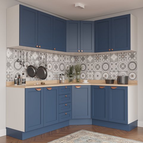 Cozinha Modulada 6 Peças com Tampo 3 Aéreos e 3 Balcões Arizona CabeCasa MadeiraOriginals Azul/Branco