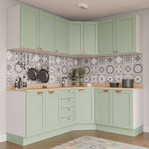 Cozinha Modulada 6 Peças com Tampo 3 Aéreos e 3 Balcões Arizona CabeCasa MadeiraOriginals Verde/Branco/Menta