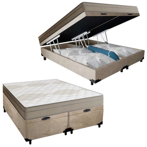 Cama Box Baú Casal Bipartido Suede + Colchão de Molas Ensacadas Portobel Ipanema -  138x188x66cm Cor