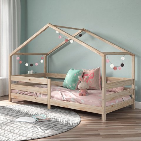 Cama Montessoriana Madeira Maciça Casa com Estrado Rena Natural Idimex