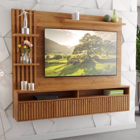 Painel Ripado para TV até 65 Polegadas MDF 180,5cmx149cm 1 Porta Acabamento Provence Viero Bege Mel