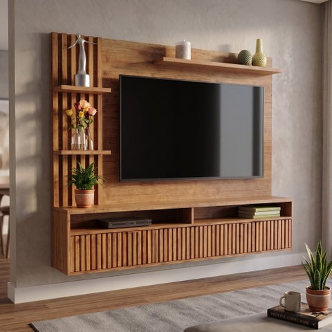 Painel Ripado para TV até 65 Polegadas MDF 180,5CMX149CM 1 Porta Acabamento Mel Provence Viero Bege