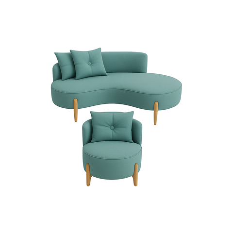 Conjunto 01 Poltrona + Sofá Curvo Orgânico Veludo Azul Turquesa - Montanaris Decor