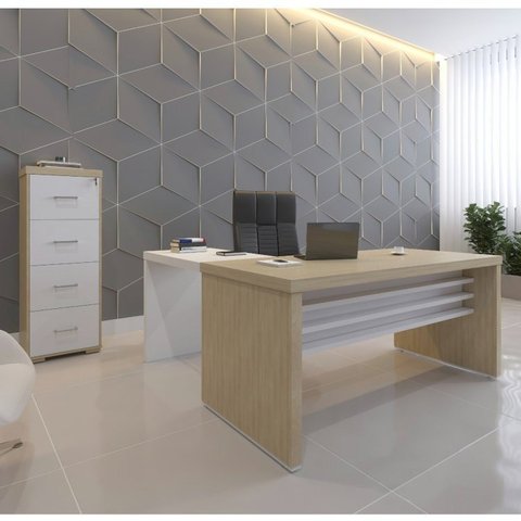 Conjunto Home Office 2 Peças 1 Mesa em L 1 Gaveteiro Alto Tamburato 4 Gavetas Carvalho E Branco