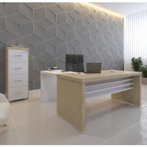 Conjunto Home Office 2 Peças 1 Mesa em L 1 Gaveteiro Alto Tamburato 4 Gavetas Carvalho e Branco Marr