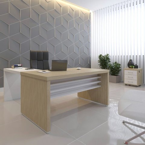 Conjunto Home Office 2 Peças 1 Mesa em L 1 Gaveteiro Baixo Tamburato 3 Gavetas Carvalho e Branco Mar