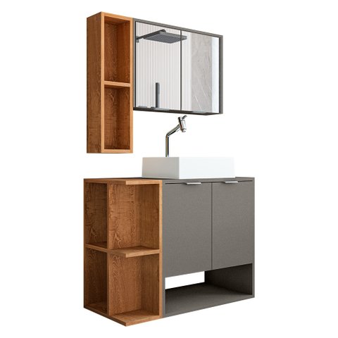 Conjunto de Banheiro com Gabinete 2 Portas, Cuba com Valvula e 1 Espelheira Star 
