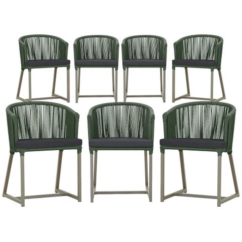 7 Cadeiras de Jantar Área Noronha em Alumínio com Pintura Fendi Corda Náutica Estofado 11 Trama Orig