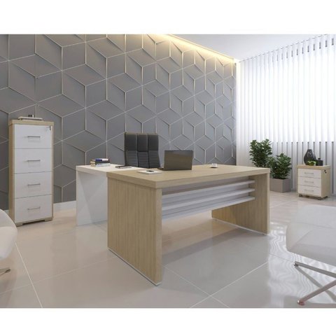 Conjunto Home Office 3 Peças 1 Mesa em L 1 Gaveteiro 1 Arquivo Alto Tamburato Carvalho e Branco Marrom Artany