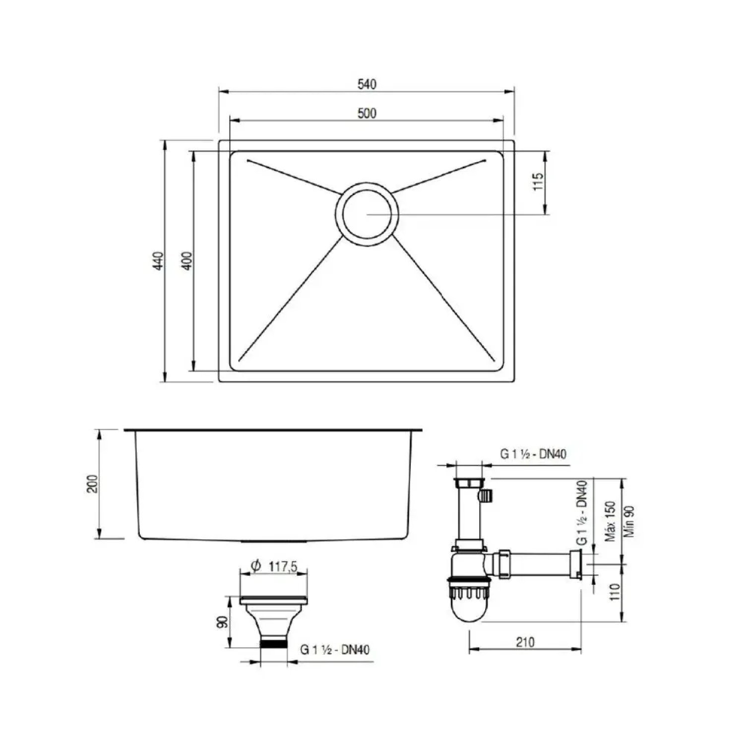 Kit Cuba Cozinha Aço Inox 304 50x40cm com Válvula e Sifão Japi - 3