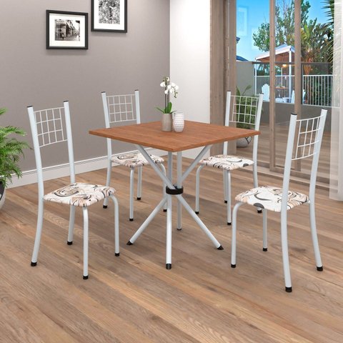 Conjunto de Mesa Tubular 70cm x 70cm Tampo em MDF com 4 Cadeiras Dany Branco