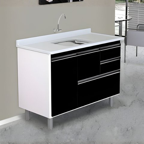 Gabinete de Cozinha Gavetas e Portas Armário 114cm Multiuso:preto
