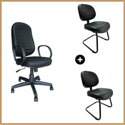 Kit de Cadeiras Presidente Baixa Costurada Giratória Braço Corsa + Cadeira Executiva Costurada Fixa - 2