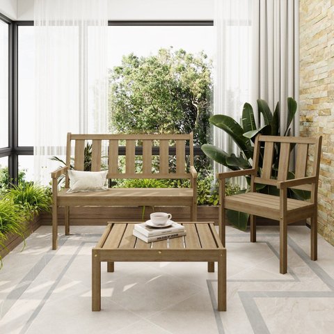 Conjunto para Jardim de Madeira 100% Eucalipto 3 Peças Envelhecida Vegas Marrom/Cera