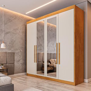 Guarda Roupa 4 Portas Aurora com Espelho Peroba Off White - Móveis Europa