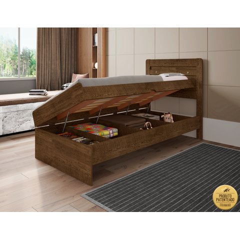 Cama Solteiro Reforçada com Baú Interno Larissa Mdf/mdp Malbec