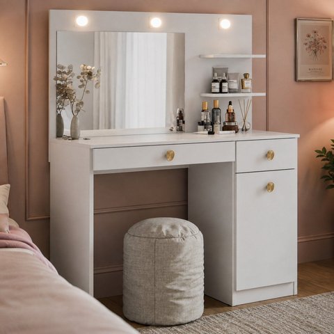 Penteadeira Camarim Belle com Espelho LED, Gaveta e Prateleira para Quarto Branco