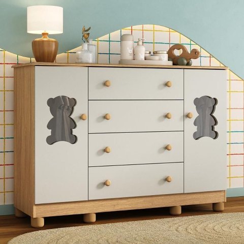 Cômoda Infantil 125cm 2 Portas com Vidro e 4 Gavetas Fofura Multimóveis Mp4485 Madeirado/off White