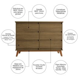Cômoda Reforçada para Quarto Londres com 6 Gavetas - Amêndoa - 3