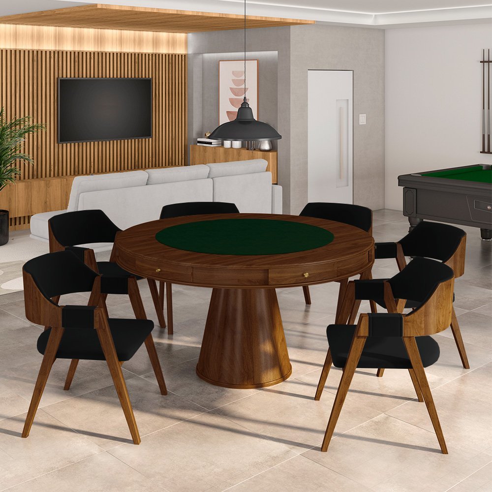 Conjunto Mesa de Jogos Carteado Bellagio Tampo Reversível e 6 Cadeiras Madeira Poker Base Cone Velud