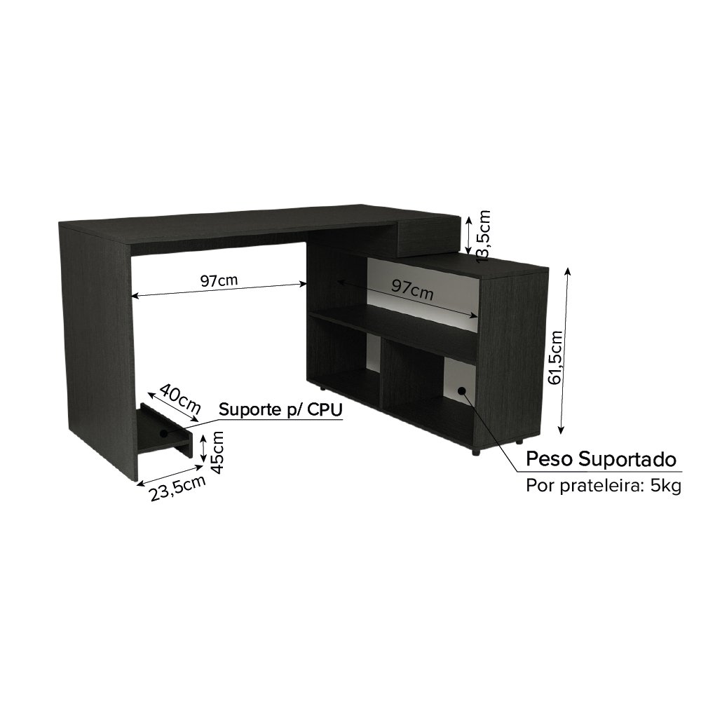 Mesa Escrivaninha em L Dakar com 1 Gaveta 3 Nichos Preto Melhor Móvel - 5