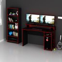 Ver imagem 1 de Kit Gamer Mesa Escrivaninha Para 2 Monitores + Estante Cor: Preto com Vermelho