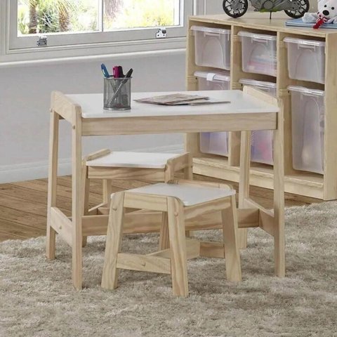 Conjunto Infantil Mesa com 2 Banquetas Castelo Casatema MadeiraOriginals Branco/Marrom