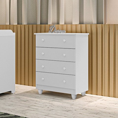Cômoda Lara 4 Gavetas MDF Branco Infantil Organizador Quarto Criança Bebê Moderno Compacta