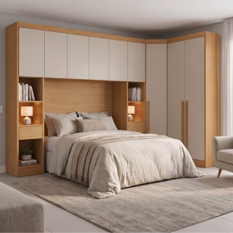 Guarda-Roupa Modulado Casal 2 Mesas de Cabeceira 9 Portas 3 Gavetas MDF Cairo Marrom/Cinamomo/Fendi