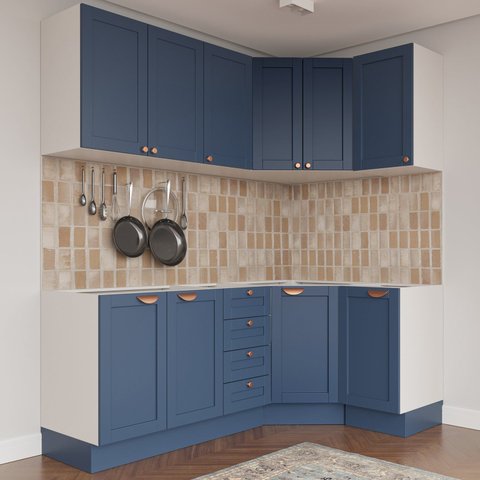 Cozinha Planejada 6 Peças com Tampo 3 Aéreos 6 Portas e 3 Balcões Arizona CabeCasa MadeiraOriginals Azul