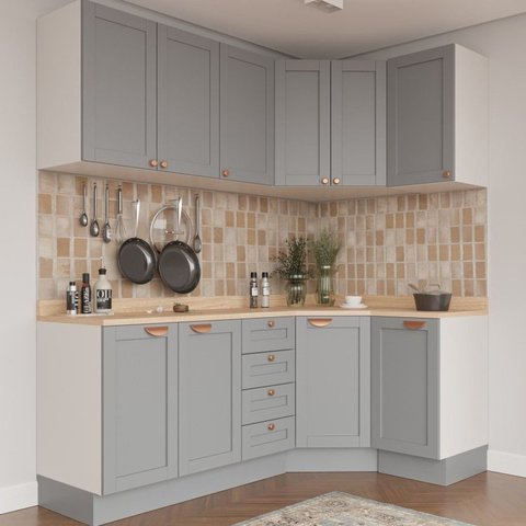 Cozinha Modulada 6 Peças com Tampo 3 Aéreos 6 Portas e 3 Balcões Arizona CabeCasa MadeiraOriginals Cinza